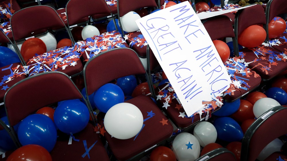 A sign is left on the chairs as delegate leaves after the Republican National Convention on July 21, 2016 in Cleveland, Ohio. (Photo by Carolyn Kaster/AP)