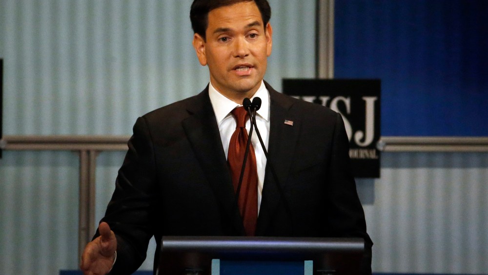 Marco Rubio speaks during Republican presidential debate at Milwaukee Theatre, Tuesday, Nov. 10, 2015, in Milwaukee, Wis. (Photo by Morry Gash/AP)