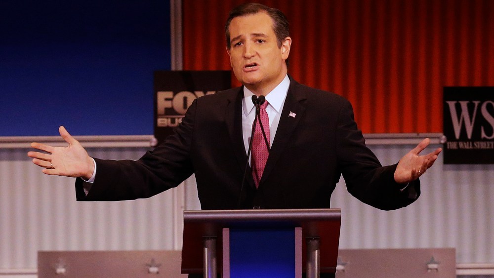 Ted Cruz speaks during the Republican presidential debate at the Milwaukee Theatre, Nov. 10, 2015, in Milwaukee, Wis. (Photo by Jeffrey Phelps/AP)