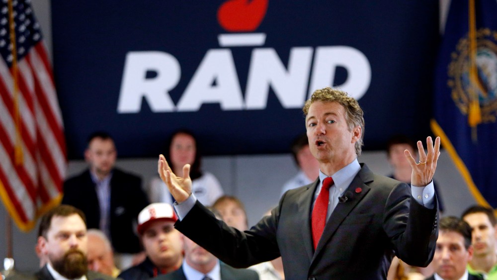 Republican presidential candidate, Sen. Rand Paul, R-Ky. speaks during a town hall meeting at the Loins Club hall with area residents, on May 11, 2015, in Londonderry, N.H. (Photo by Jim Cole/AP)