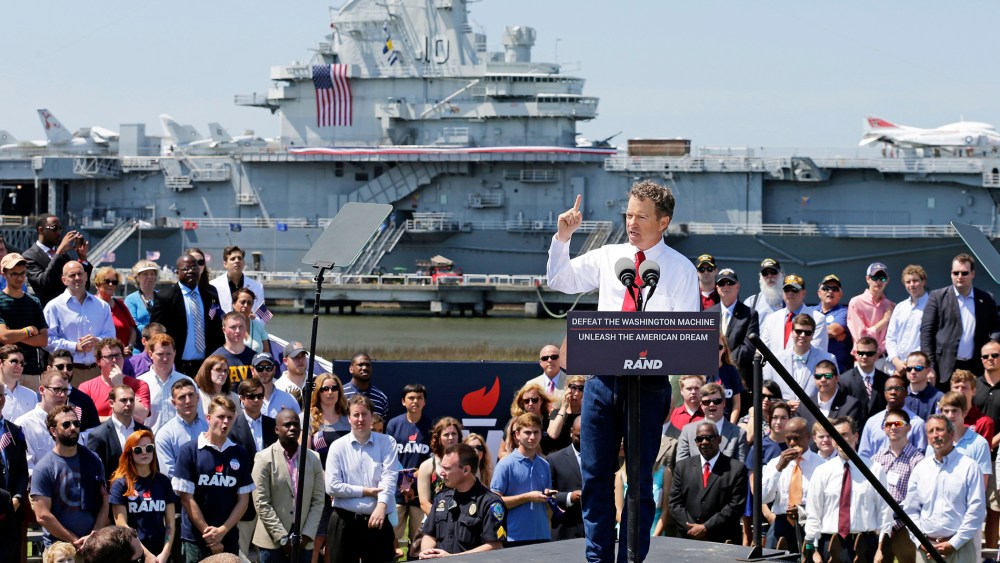 Republican Presidential candidate, Sen. Rand Paul, R-Ky., speaks at a rally at the USS Yorktown in Mount Pleasant, S.C., April 9, 2015. (Photo by Chuck Burton/AP)