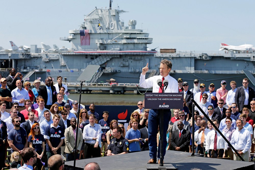 Republican Presidential candidate, Sen. Rand Paul, R-Ky., speaks at a rally at the USS Yorktown in Mount Pleasant, S.C., April 9, 2015. (Photo by Chuck Burton/AP)