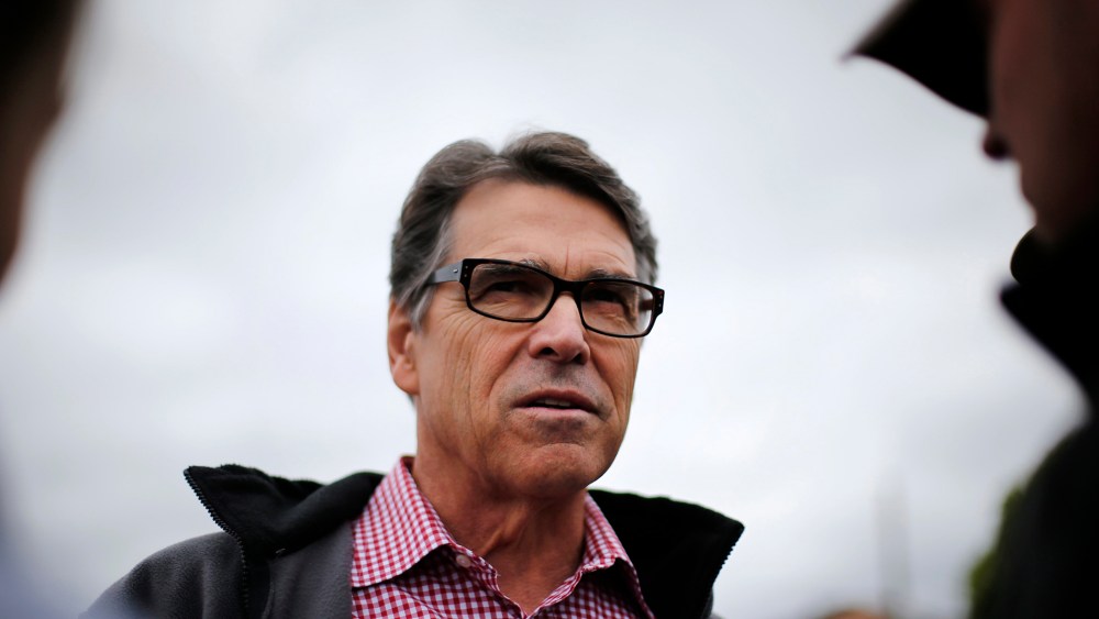 Republican presidential candidate, former Texas Gov. Rick Perry, speaks during a visit to the Iowa State Fair, Aug. 19, 2015, in Des Moines, Iowa. (Photo by Paul Sancya/AP)