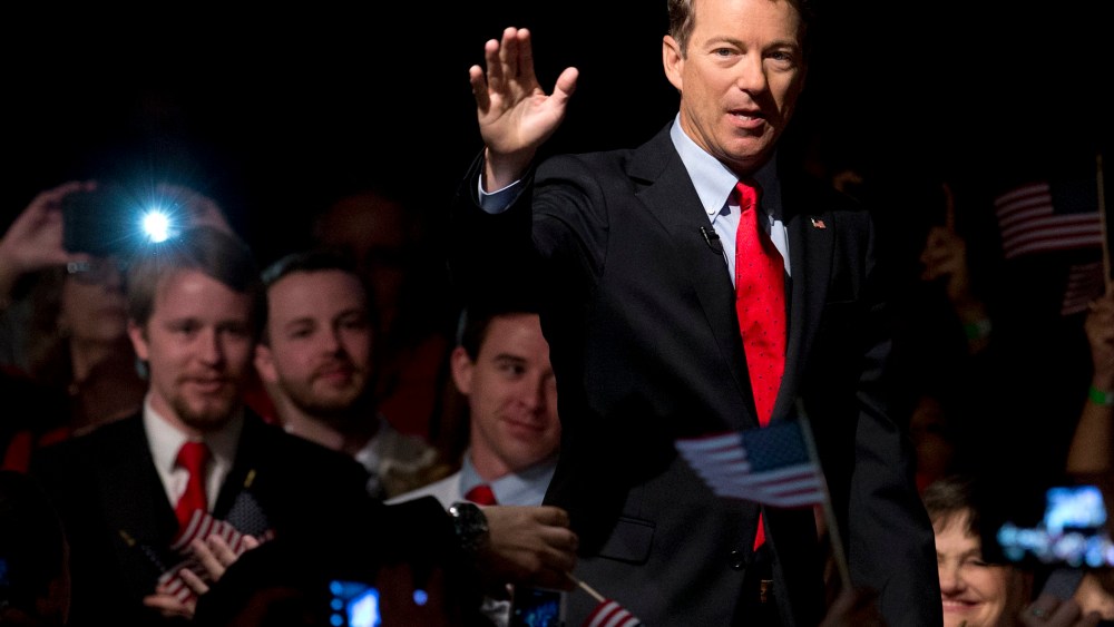 Sen. Rand Paul, R-Ky. arrive to a cheering and photo taking crowd for his announcement of the start of his presidential campaign, Tuesday, April 7, 2015, at the Galt House Hotel in Louisville, Ky. (Photo by Carolyn Kaster/AP)