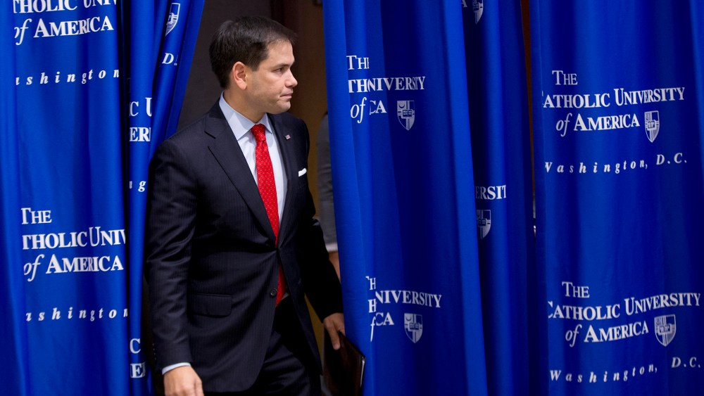 Sen. Marco Rubio, R-Fla., arrives to speak at the Catholic University of America, in Washington, Wednesday, July 23, 2014.