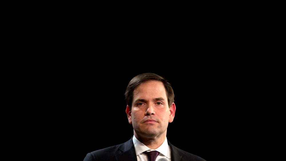 Republican presidential candidate, Sen. Marco Rubio, R-Fla., pauses while speaking at a rally, Feb. 21, 2016, in North Las Vegas, Nev. (Photo by Jae C. Hong/AP)