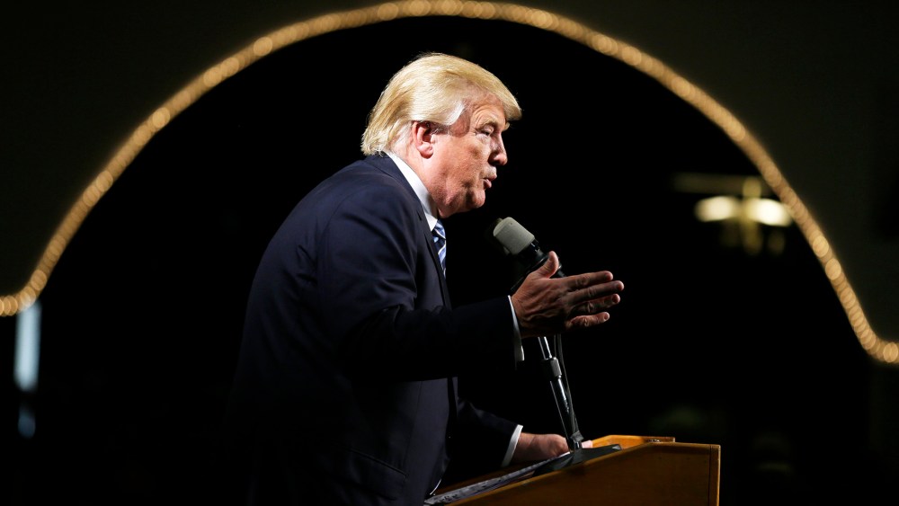 Republican presidential candidate Donald Trump speaks during a campaign stop at the Electric Park Ballroom, Oct. 7, 2015, in Waterloo, Iowa. (Photo by Charlie Neibergall/AP)