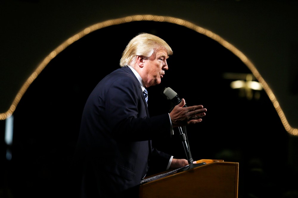 Republican presidential candidate Donald Trump speaks during a campaign stop at the Electric Park Ballroom, Oct. 7, 2015, in Waterloo, Iowa. (Photo by Charlie Neibergall/AP)