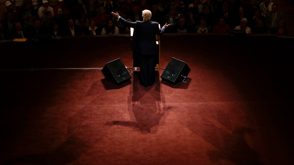 Republican presidential candidate Donald Trump speaks during a rally at The Palladium in Carmel, Ind., May 2, 2016. (Photo by Michael Conroy/AP)