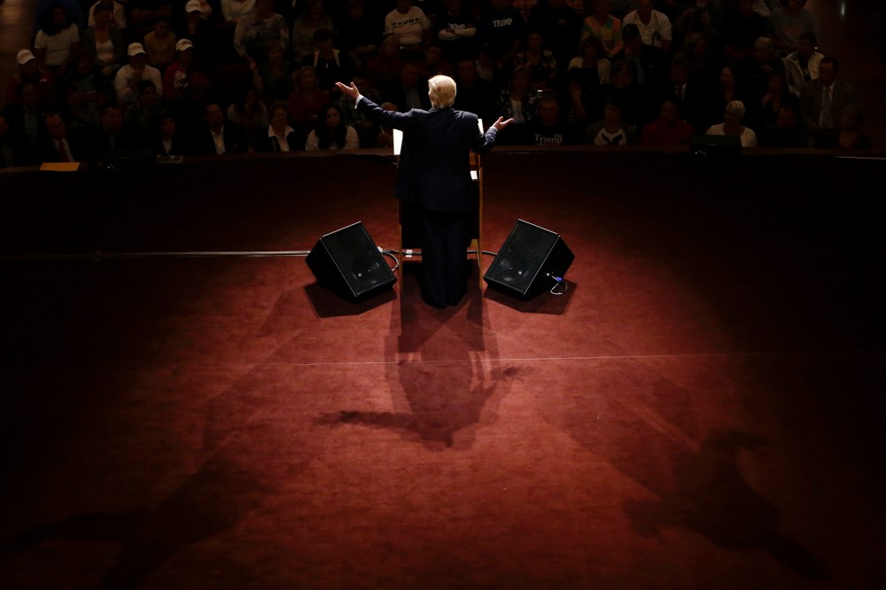 Republican presidential candidate Donald Trump speaks during a rally at The Palladium in Carmel, Ind., May 2, 2016. (Photo by Michael Conroy/AP)