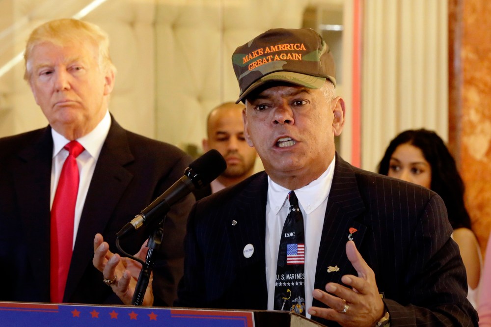 Republican presidential candidate Donald Trump listens at left as Al Baldasaro, a New Hampshire state representative, speaks during a news conference in New York, May 31, 2016. (Photo by Richard Drew/AP)