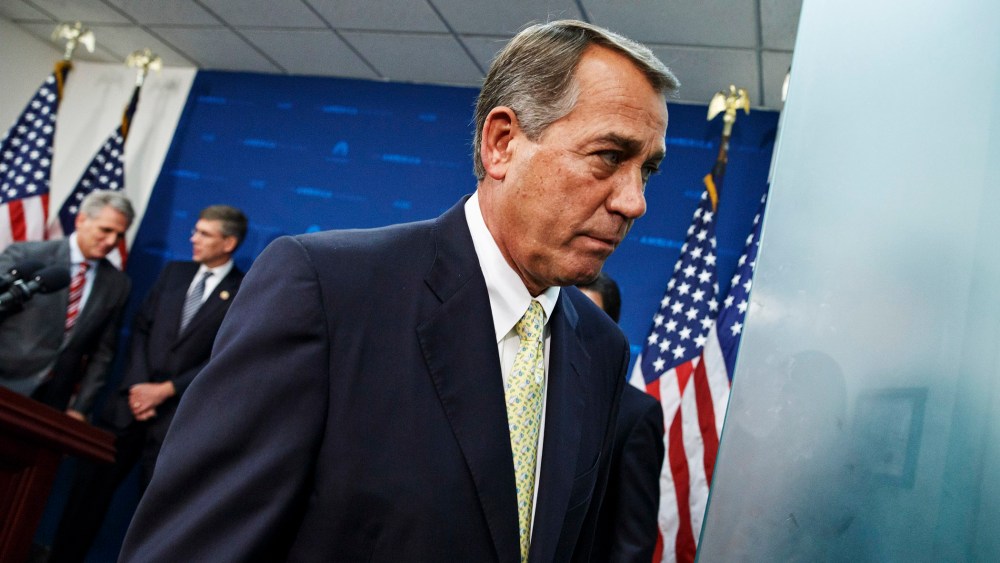 John Boehner and GOP leaders finish a news conference following a Republican strategy meeting at the Capitol in Washington, May 7, 2014.
