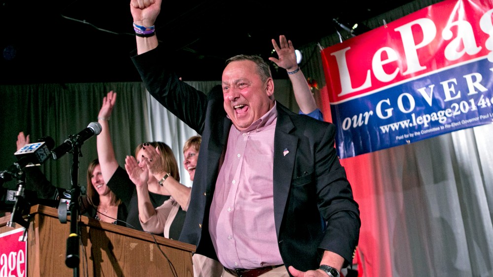Gov. Paul LePage celebrates his re-election bid at his election night party, Nov. 5, 2014, in Lewiston, Maine. (Photo by Robert F. Bukaty/AP)