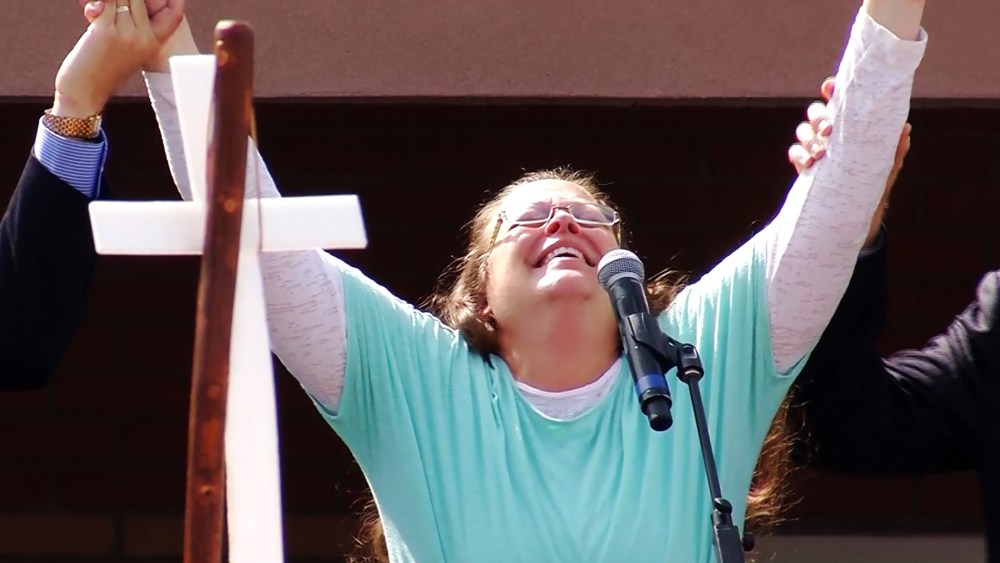 Rowan County clerk Kim Davis celebrates after being released from the Carter County Detention Center, Tuesday, Sept. 8, 2015, in Grayson, Ky.