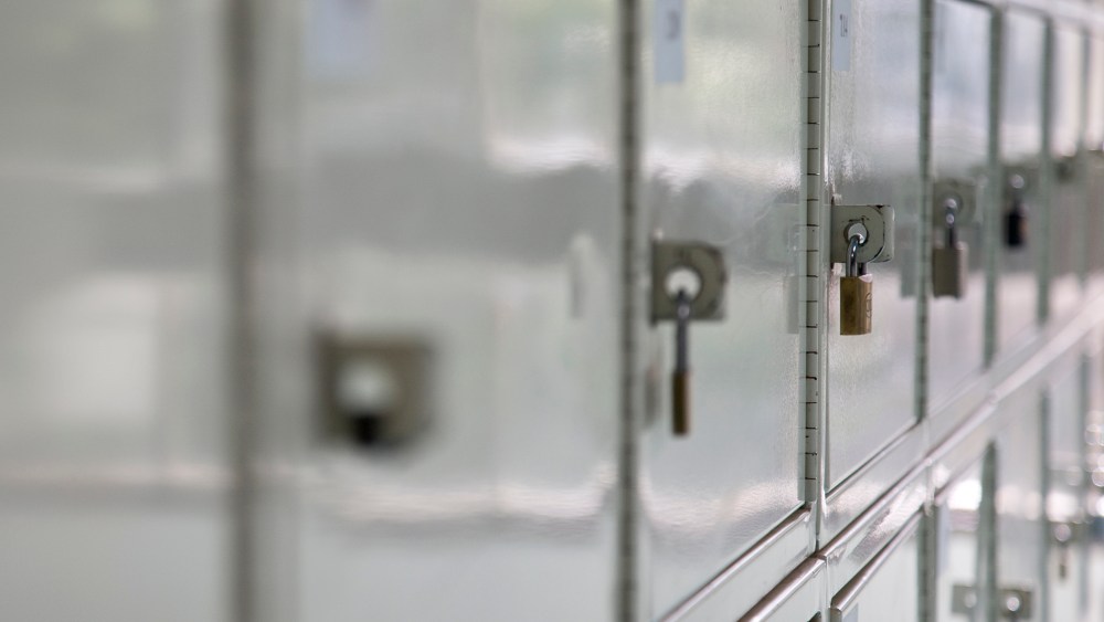 Close up of a row of school lockers. (Photo by GS/Gallery Stock)