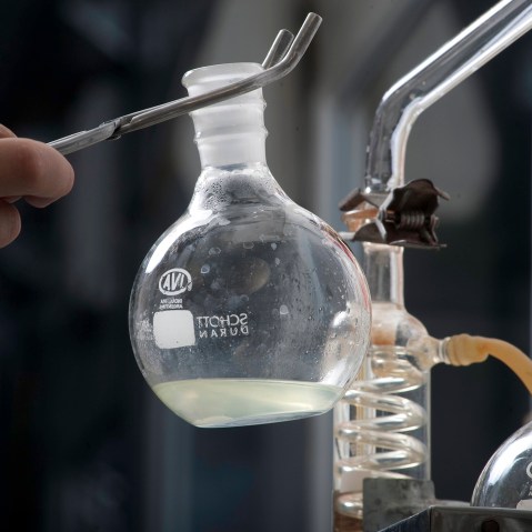 Beakers are seen in a science laboratory. (Photo by Eliseo Miciu/Gallery Stock)