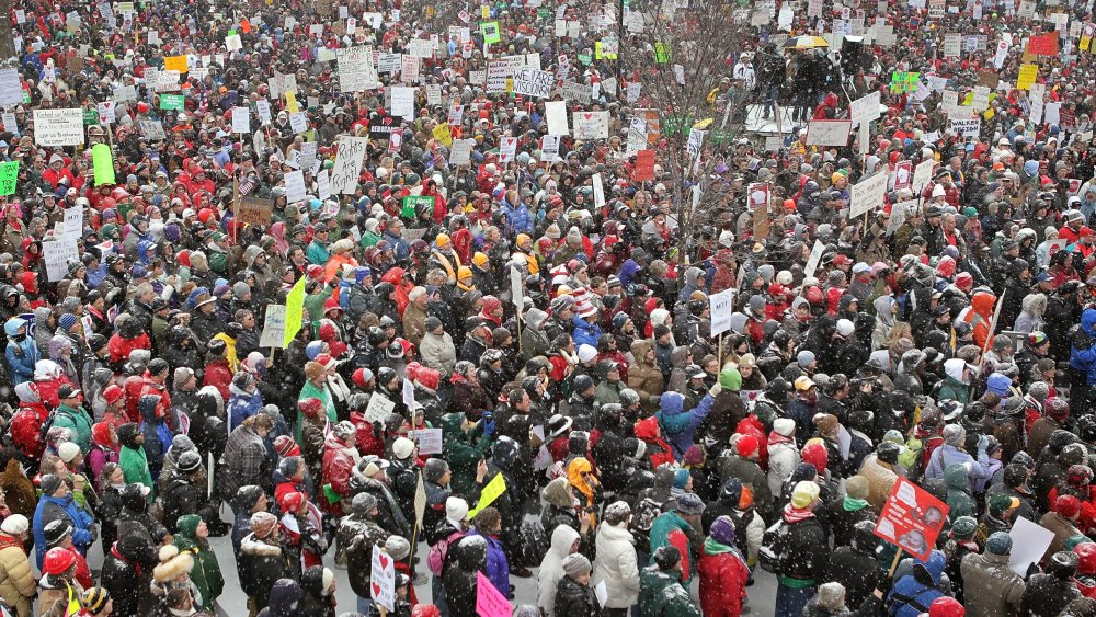 Demonstrators rally outside the capitol building in Madison, Wisconsin on February 26, 2011.