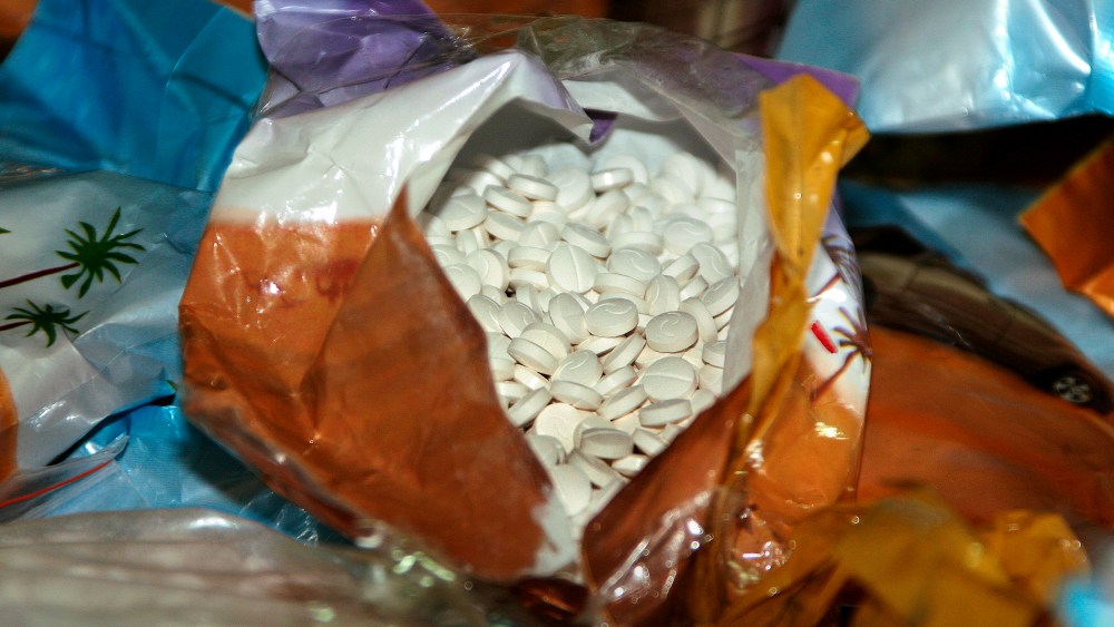 Bags containing pills called Captagon were found in a Beirut port on Nov. 26, 2007. (Photo by Nabil Mounzer/EPA)