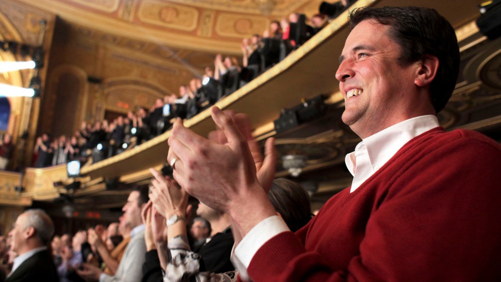 John Dehlin, who runs a Mormon website, applauds after seeing "The Book of Mormon" on Broadway in New York, on March 25, 2011. (Photo by Richard Perry/The New York Times/Redux)