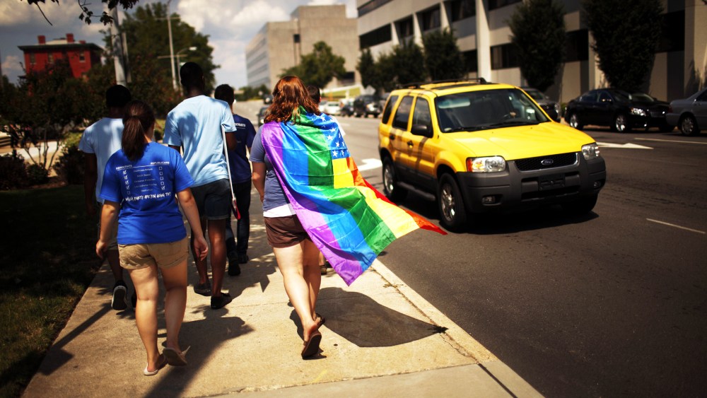 Same-sex marriage supporters leave a protest in Raleigh, N.C.