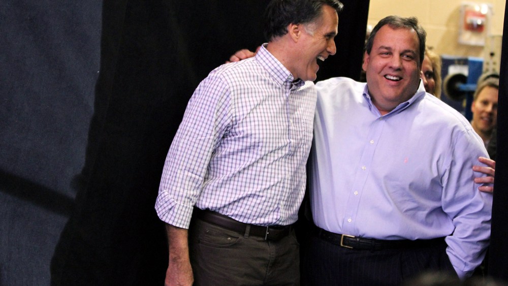 Republican Presidential candidate Mitt Romney campaigns in New Hampshire with NJ governor Chris Christie in 2012.