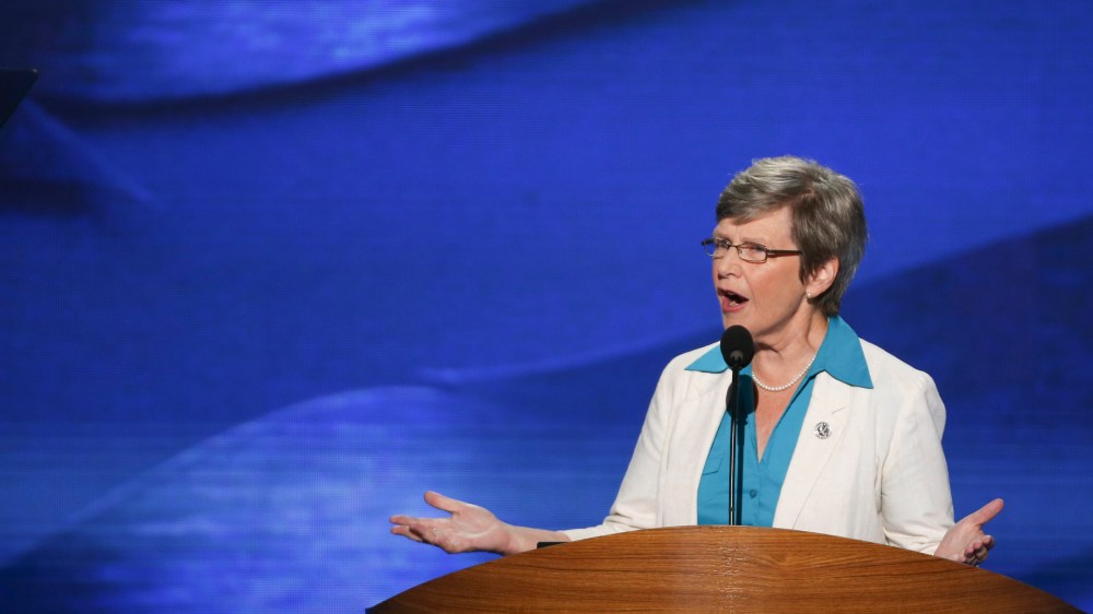 Sister Simone Campbell, the executive director of the Roman Catholic Social Justice Organization, speaks during the Democratic National Convention on Sept. 5, 2012. (Doug Mills/The New York Times)
