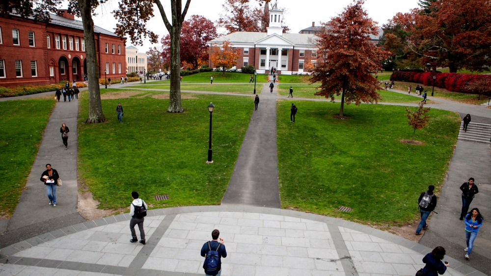 Passersby on campus at Amherst College.