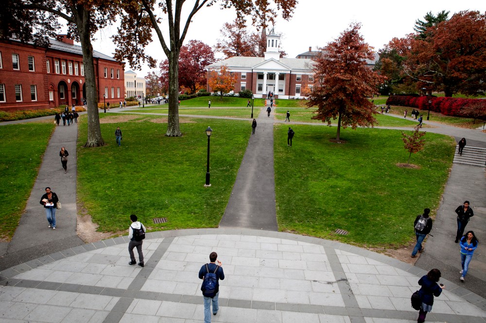 Passersby on campus at Amherst College.
