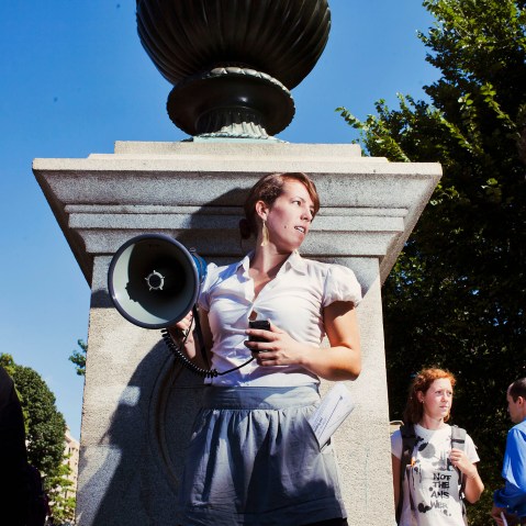 An environmental activist protesting the Keystone pipeline is seen in Washington, D.C.