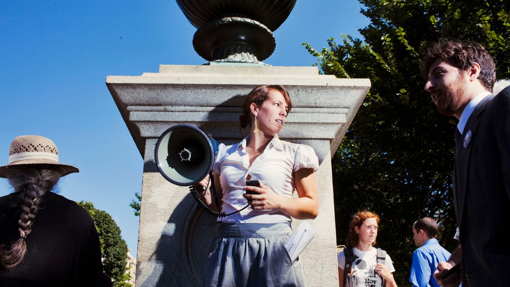 An environmental activist protesting the Keystone pipeline is seen in Washington, D.C.