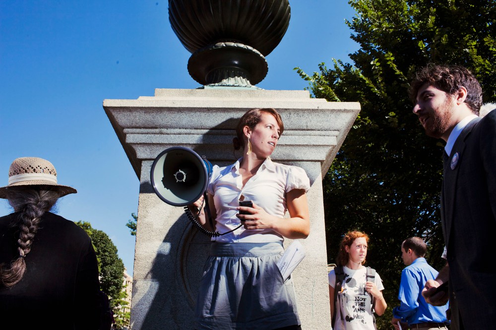 An environmental activist protesting the Keystone pipeline is seen in Washington, D.C.