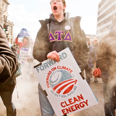 Marchers gather during a climate protest in Washington DC, 2013.