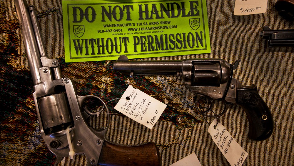 Guns are displayed for sale at a gun show near Wichita, Kansas.