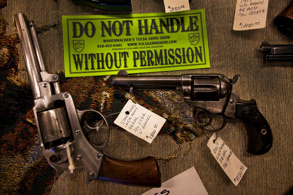 Guns are displayed for sale at a gun show near Wichita, Kansas.
