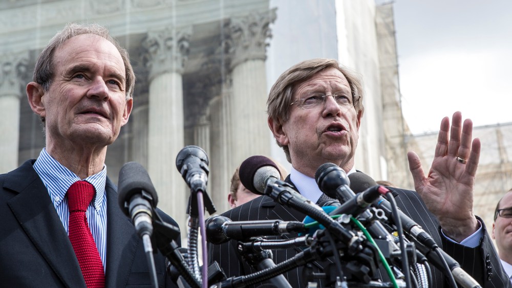 Attorneys David Boies and Ted Olson speak to reporters after arguing their case, outside the U.S. Supreme Court, Mar. 26, 2013.