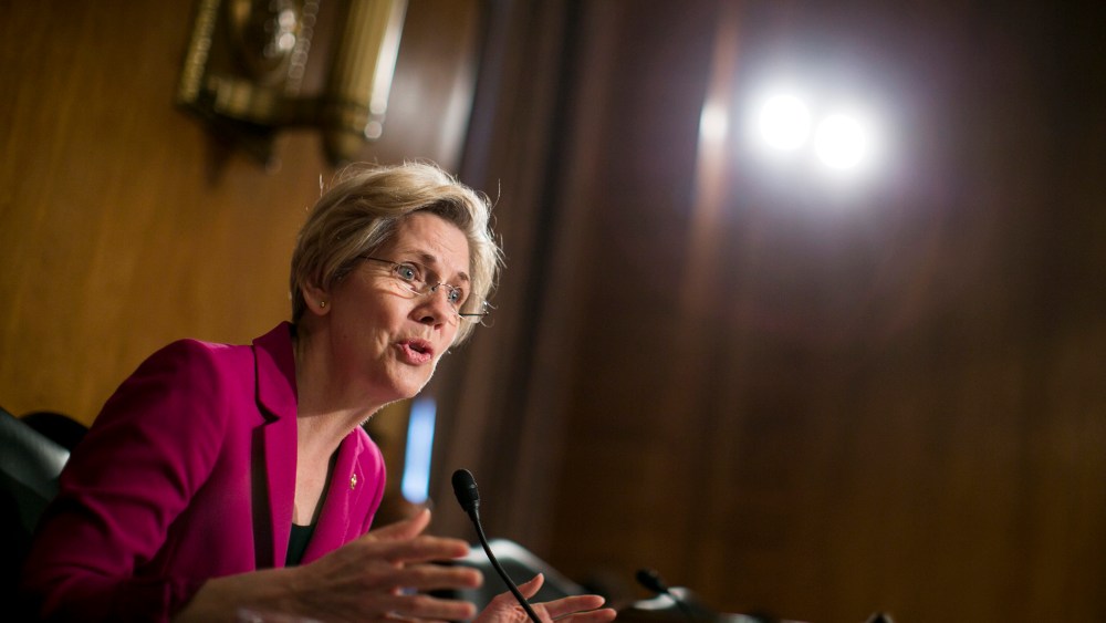 Sen. Elizabeth Warren asks Treasury Secretary Jack Lew questions during a committee hearing on Capitol Hill, May 21, 2013.