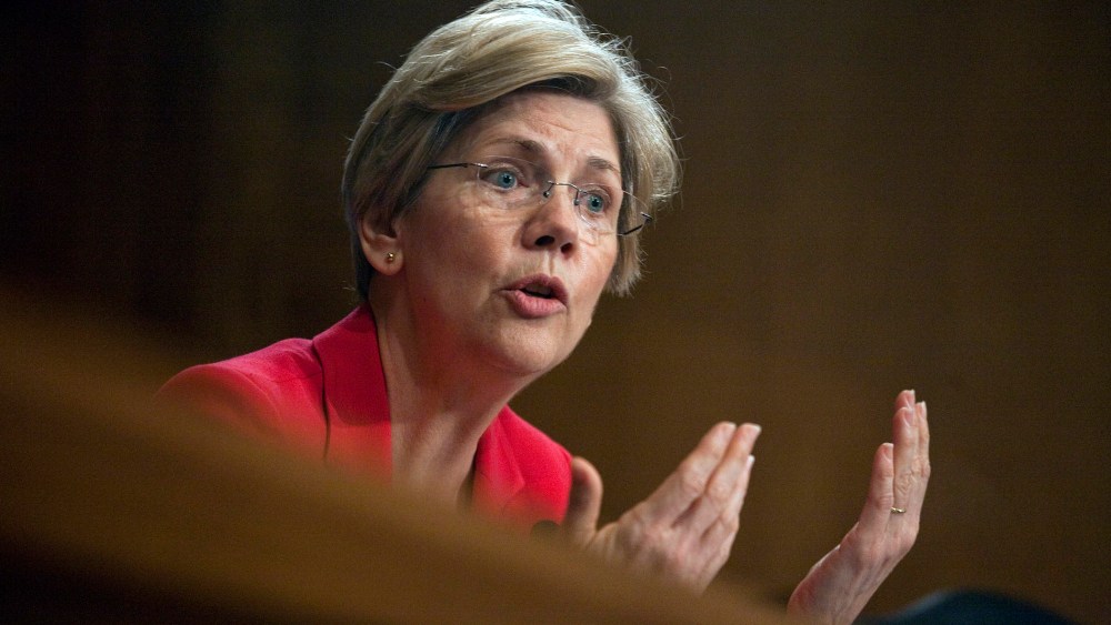 Sen. Elizabeth Warren (D-Mass.) asks questions during a hearing on Capitol Hill.