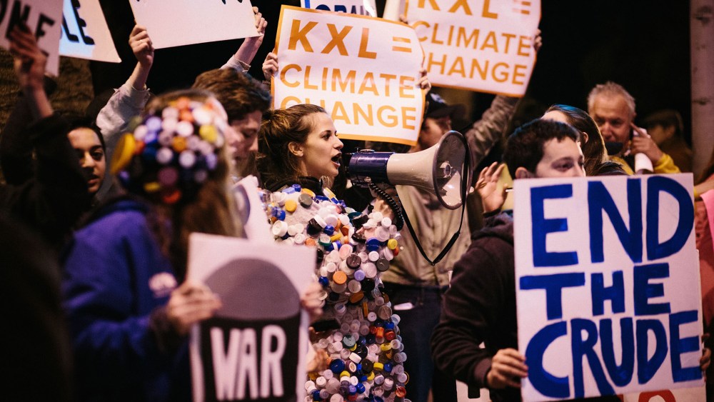 Protestors led by the Natural Resources Defense Council (NRDC) urge President Obama to reject the Keystone XL Pipeline on Feb. 3, 2014 in Santa Monica, Calif.