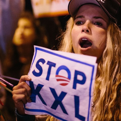Protestors in Santa Monica urge President Obama to reject the Keystone KXL Pipeline, Feb. 3, 2014.
