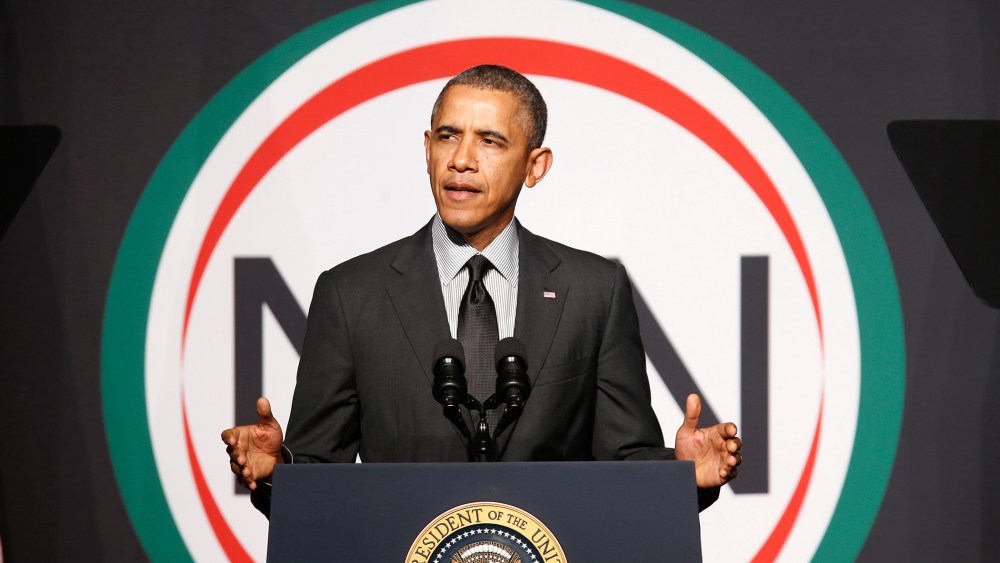 U.S. President Barack Obama addresses the 16th Annual National Action Network Convention at the Sheraton, New York on April 11, 2014.