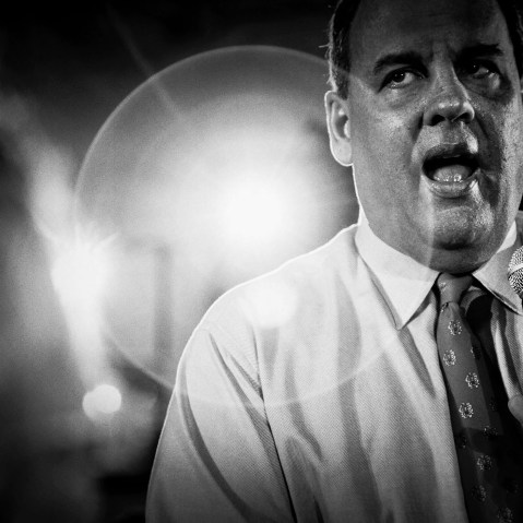 New Jersey Gov. Chris Christie holds a Town Hall meeting in Franklin, N.J. on April 15, 2014. (Photo by Mark Peterson/Redux)