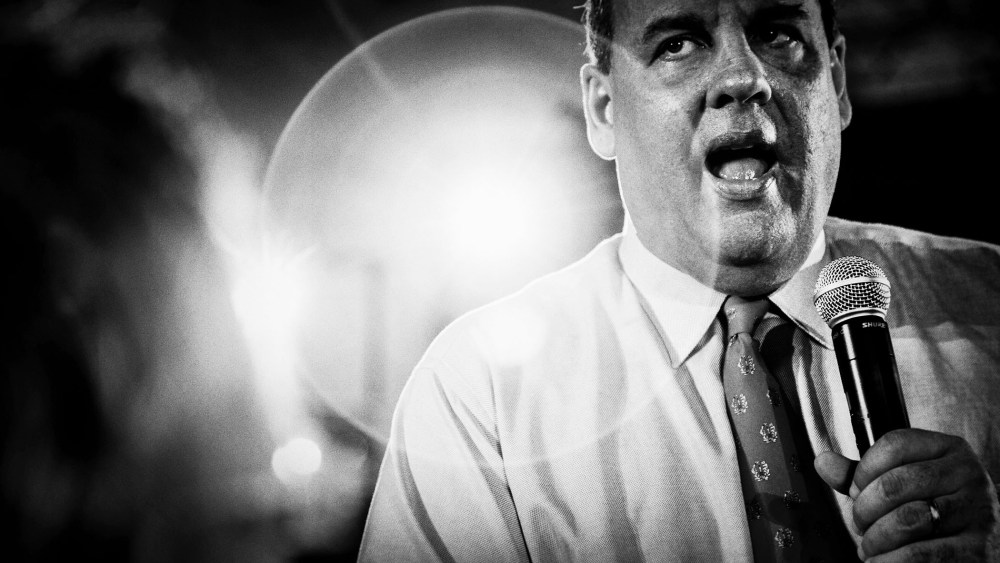 New Jersey Gov. Chris Christie holds a Town Hall meeting in Franklin, N.J. on April 15, 2014. (Photo by Mark Peterson/Redux)