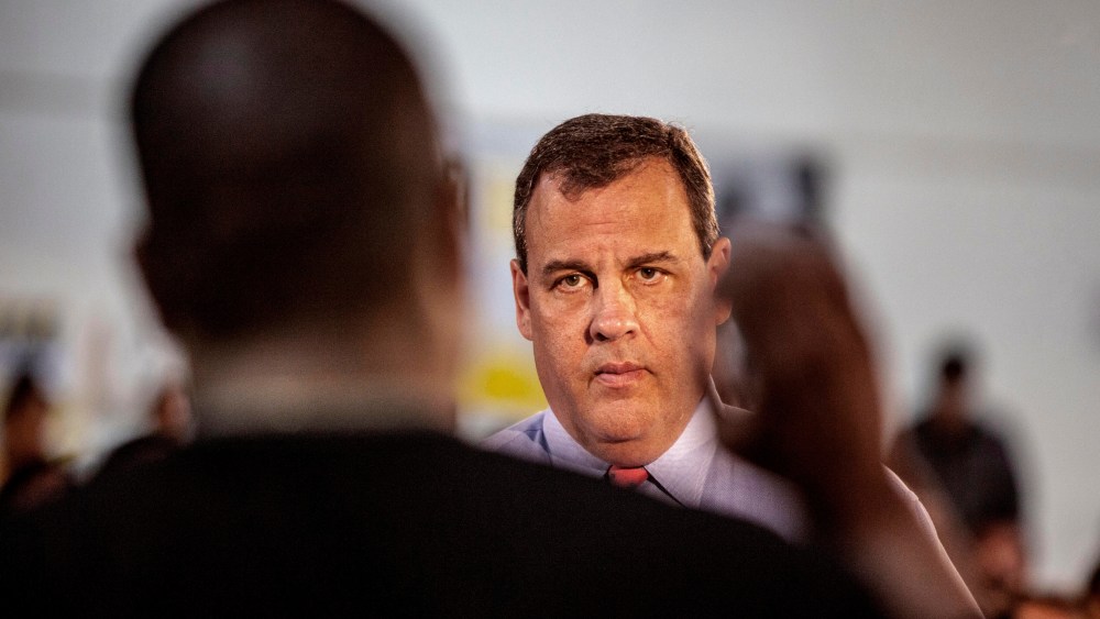 New Jersey Gov. Chris Christie holds a town hall meeting in Franklin, NJ.. on April 15, 2014.