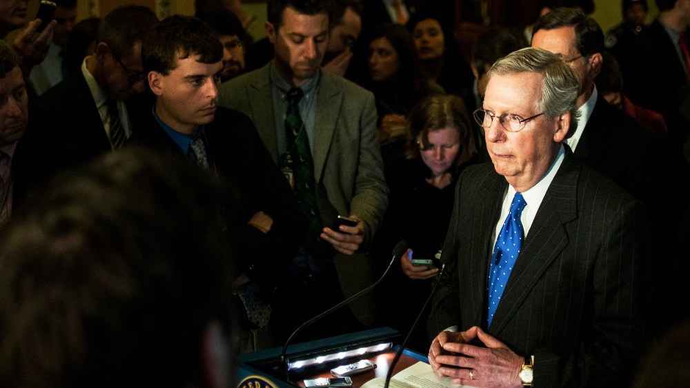 Senate Minority Leader Mitch McConnell (R-Ky.) speaks during a news conference after the weekly senate policy luncheons on Capitol Hill.
