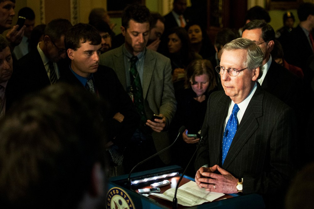 Senate Minority Leader Mitch McConnell (R-Ky.) speaks during a news conference after the weekly senate policy luncheons on Capitol Hill.