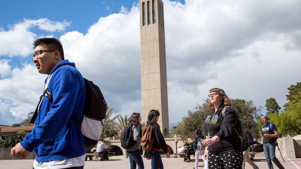 Students walk on campus at The University of California, Santa Barbara, April 2, 2014.