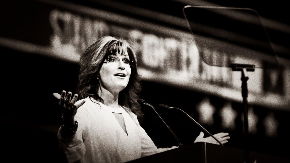 Sarah Palin speaks  at the National Rifle Association annual convention at Lucas Oil Stadium in Indianapolis, Indiana, April 2014.