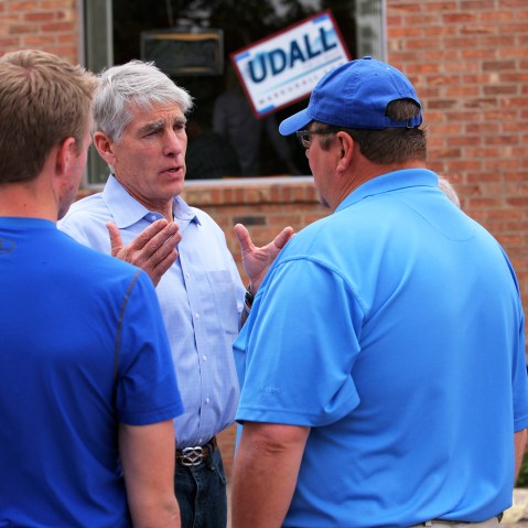 Sen. Mark Udall (D-Co.) talks with people after a meeting in Greeley, Colo., June 7, 2014.