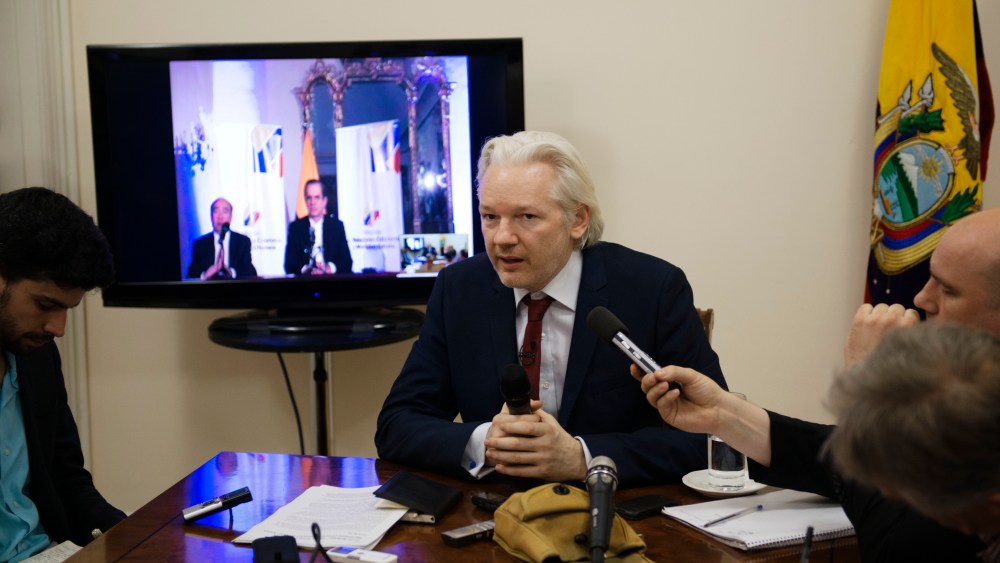 Julian Assange hosts press conference at the Ecuadorian Embassy in London