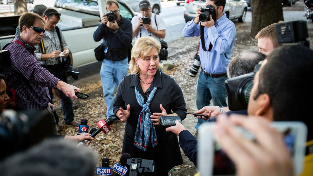 Sen. Mary Landrieu (D-La.) speaks at a polling station in Eleanor McMain Secondary School in New Orleans, Nov. 4, 2014. (Photo by William Widmer/The New York Times/Redux)